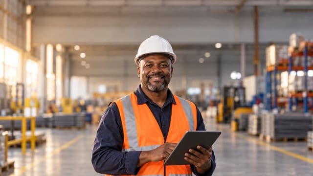 Técnico de segurança do trabalho sorrindo, com capacete branco e colete refletivo laranja, segurando um tablet, em um galpão industrial organizado