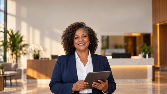 Secretária executiva sorrindo, com blazer azul-marinho sobre camisa branca, segurando um tablet, em a recepção elegante de uma empresa