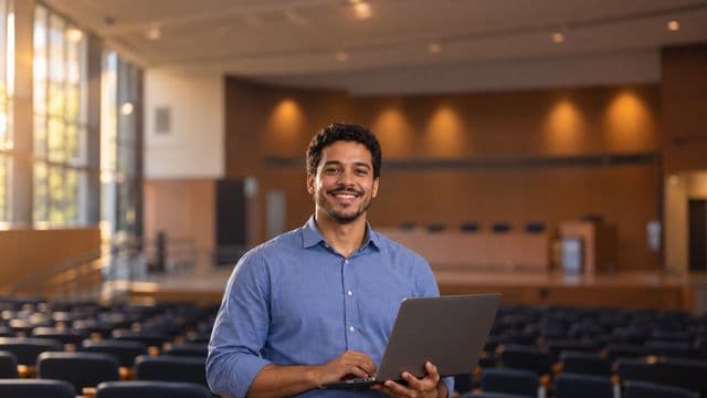 Professor universitário sorrindo, com camisa social azul, segurando um notebook, em um auditório universitário moderno