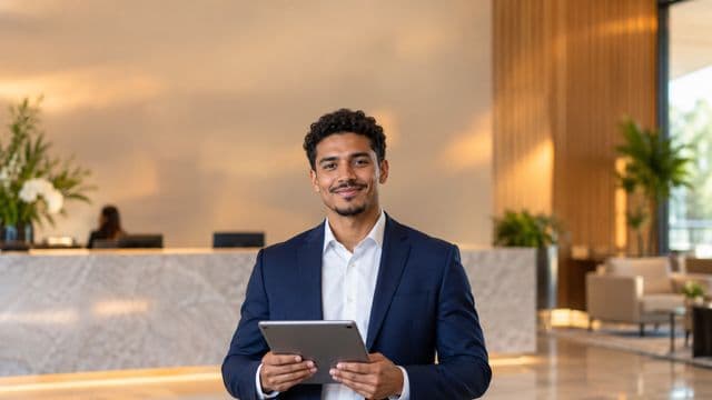 Secretário executivo sorrindo, com blazer azul-marinho sobre camisa branca, segurando um tablet, em a recepção elegante de uma empresa