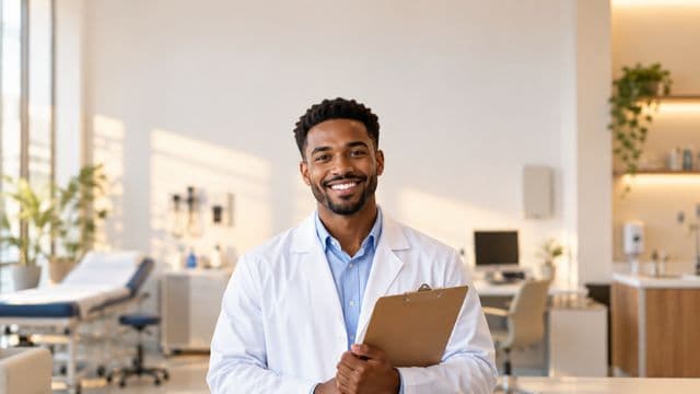 Profissional de saúde sorrindo, com jaleco branco sobre camisa azul-clara, segurando uma prancheta, em uma clínica moderna e bem iluminada
