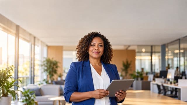 Profissional sorrindo, com blazer azul sobre camisa branca, segurando um tablet, em um escritório moderno e bem iluminado