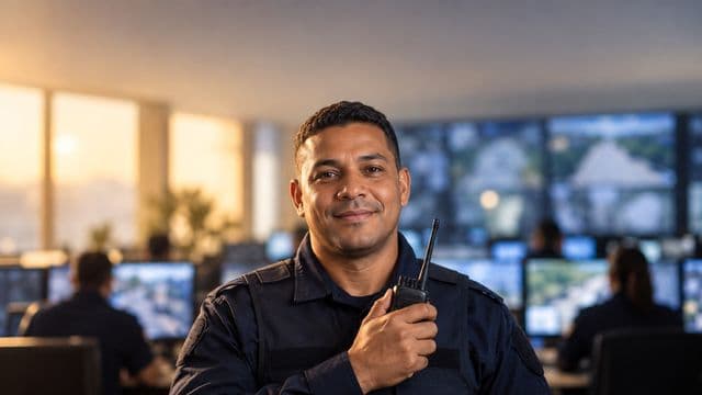 Profissional de segurança pública sorrindo, com farda azul-escura sem brasões, segurando um rádio comunicador, em uma central de monitoramento com telas