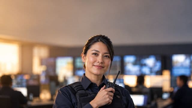 Profissional de segurança pública sorrindo, com farda azul-escura sem brasões, segurando um rádio comunicador, em uma central de monitoramento com telas