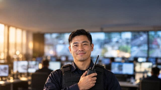 Profissional de segurança pública sorrindo, com farda azul-escura sem brasões, segurando um rádio comunicador, em uma central de monitoramento com telas