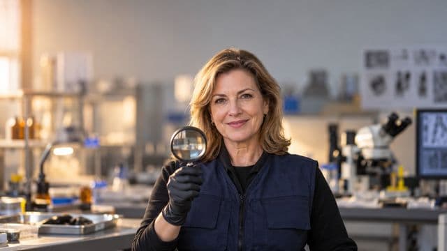 Perita criminal sorrindo, com colete azul-escuro de perícia sobre camisa preta e luvas, segurando uma lupa, em um laboratório de perícia forense