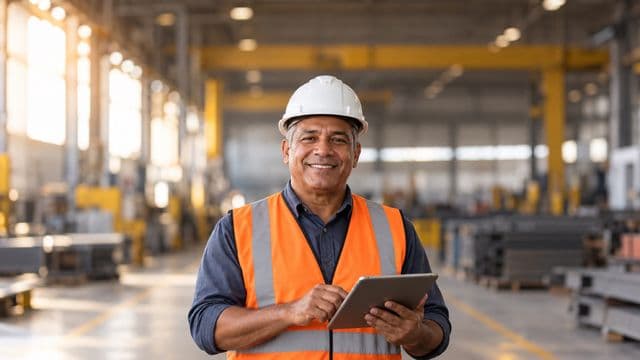 Técnico de segurança do trabalho sorrindo, com capacete branco e colete refletivo laranja, segurando um tablet, em um galpão industrial organizado
