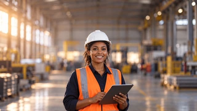 Técnica de segurança do trabalho sorrindo, com capacete branco e colete refletivo laranja, segurando um tablet, em um galpão industrial organizado