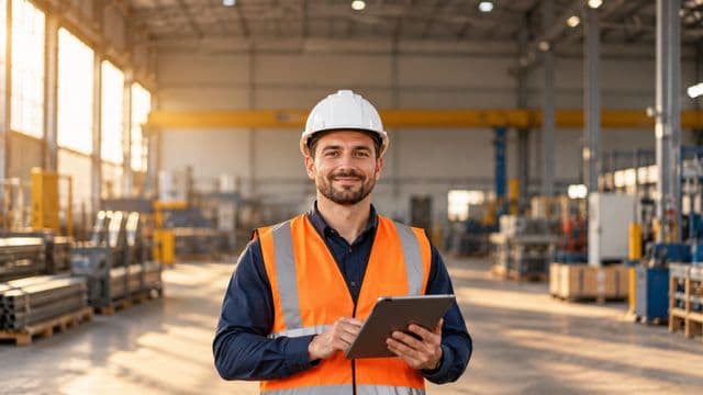 Técnico de segurança do trabalho sorrindo, com capacete branco e colete refletivo laranja, segurando um tablet, em um galpão industrial organizado
