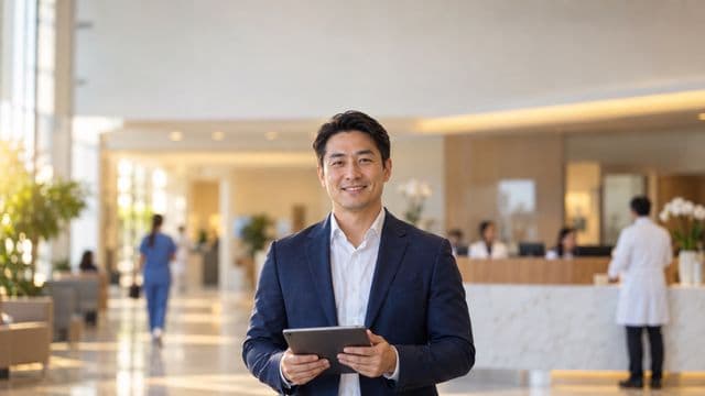 Gestor hospitalar sorrindo, com blazer azul-marinho sobre camisa branca, segurando um tablet, em a recepção de um hospital moderno