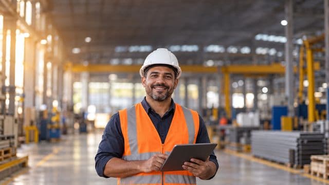Técnico de segurança do trabalho sorrindo, com capacete branco e colete refletivo laranja, segurando um tablet, em um galpão industrial organizado