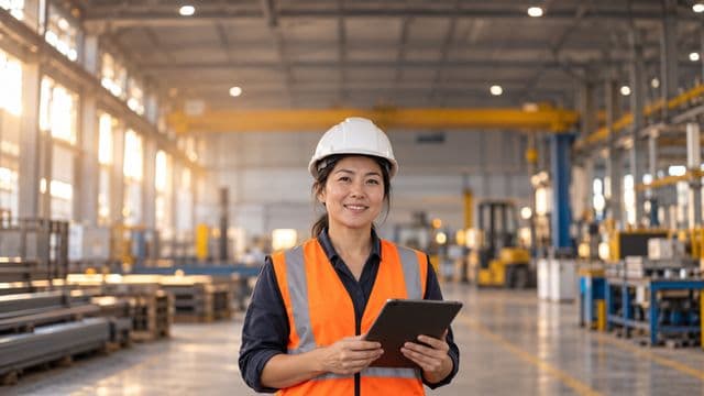 Técnica de segurança do trabalho sorrindo, com capacete branco e colete refletivo laranja, segurando um tablet, em um galpão industrial organizado