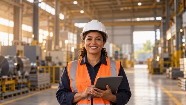 Técnica de segurança do trabalho sorrindo, com capacete branco e colete refletivo laranja, segurando um tablet, em um galpão industrial organizado