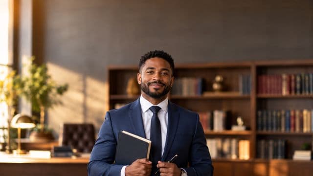 Advogado sorrindo, com terno azul-marinho e camisa branca, segurando um livro de capa lisa e uma caneta, em um escritório de advocacia elegante com estantes de livros