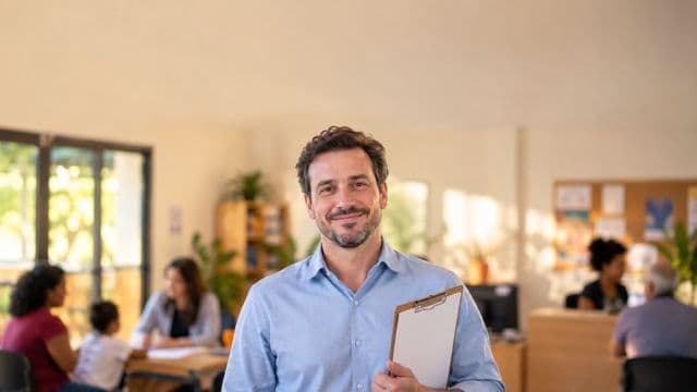 Assistente social sorrindo, com camisa azul-clara, segurando uma prancheta, em um centro de assistência social claro e acolhedor