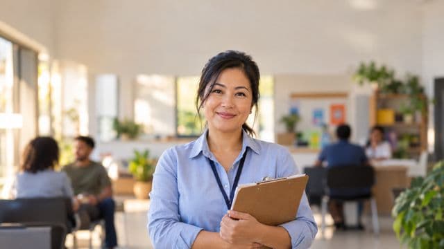 Assistente social sorrindo, com camisa azul-clara, segurando uma prancheta, em um centro de assistência social claro e acolhedor
