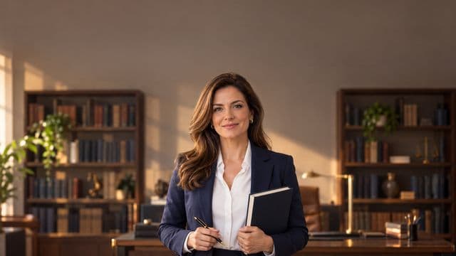 Advogada sorrindo, com terno azul-marinho e camisa branca, segurando um livro de capa lisa e uma caneta, em um escritório de advocacia elegante com estantes de livros