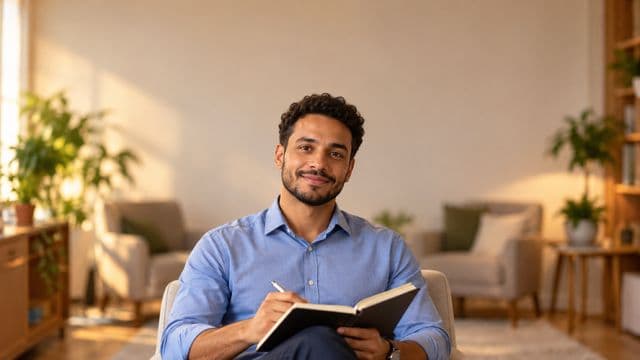 Psicólogo sorrindo, com camisa social azul, sem gravata, segurando um caderno de anotações, em um consultório de psicologia aconchegante com poltronas e plantas