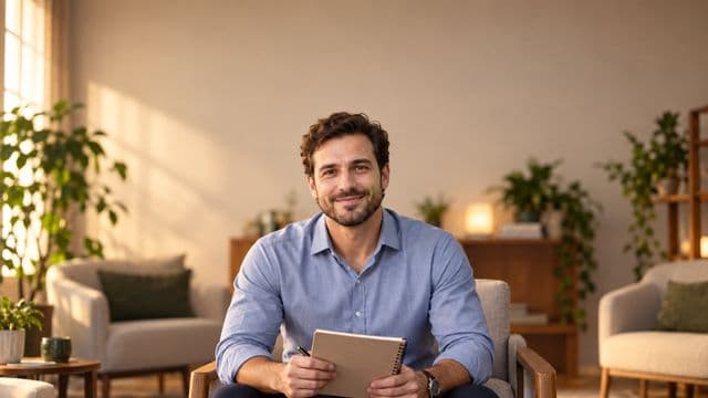 Psicólogo sorrindo, com camisa social azul, sem gravata, segurando um caderno de anotações, em um consultório de psicologia aconchegante com poltronas e plantas