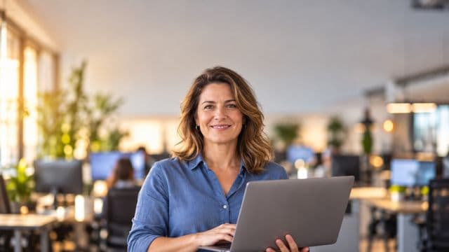 Profissional de tecnologia sorrindo, com camisa casual azul, segurando um notebook aberto, em um escritório de tecnologia moderno com monitores desfocados