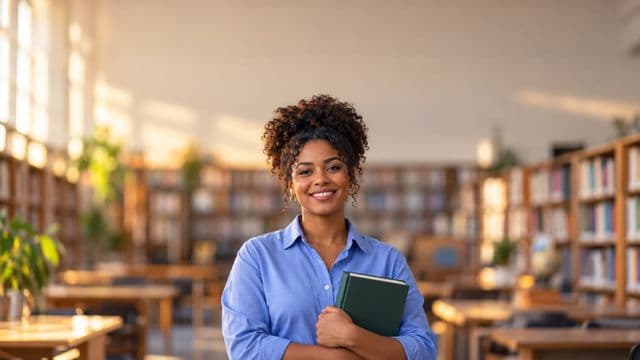Professora de ciências humanas sorrindo, com camisa social azul, segurando um livro de capa lisa, em uma biblioteca universitária com estantes