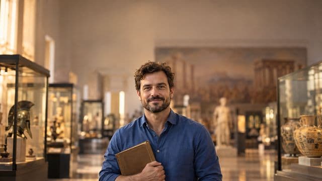 Professor de história sorrindo, com camisa social azul, segurando um livro antigo de capa lisa, em um museu histórico com vitrines desfocadas