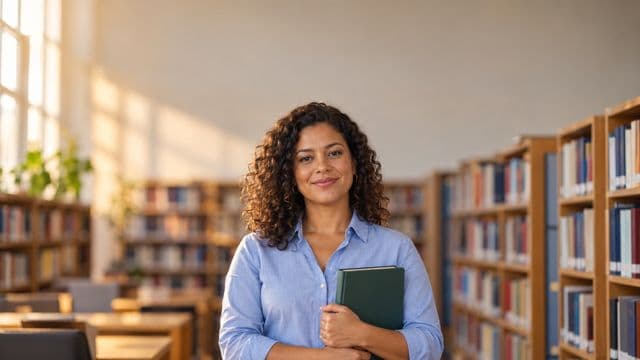 Professora de ciências humanas sorrindo, com camisa social azul, segurando um livro de capa lisa, em uma biblioteca universitária com estantes