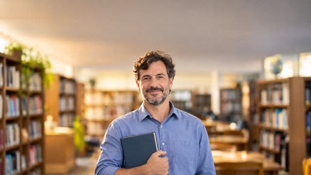 Professor de ciências humanas sorrindo, com camisa social azul, segurando um livro de capa lisa, em uma biblioteca universitária com estantes