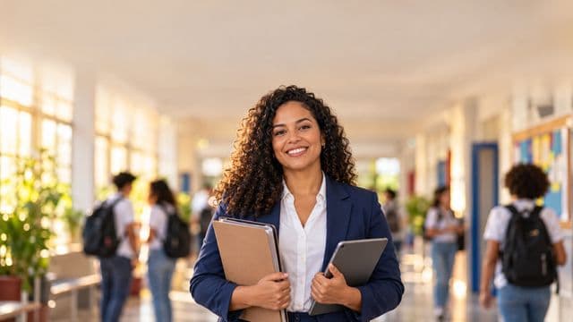 Gestora escolar sorrindo, com blazer azul sobre camisa branca, segurando uma pasta e um tablet, em o corredor de uma escola moderna com alunos desfocados