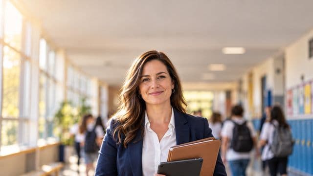 Gestora escolar sorrindo, com blazer azul sobre camisa branca, segurando uma pasta e um tablet, em o corredor de uma escola moderna com alunos desfocados