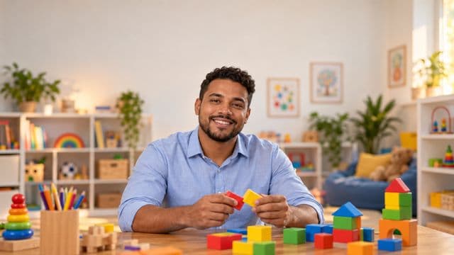 Psicopedagogo sorrindo, com camisa azul-clara, segurando blocos de montar coloridos, em uma sala de atendimento infantil colorida e organizada, com brinquedos pedagógicos