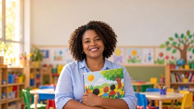 Professora de educação infantil sorrindo, com camisa casual azul-clara, segurando um livro infantil colorido sem título, em uma sala de aula infantil alegre, com mesinhas e desenhos nas paredes
