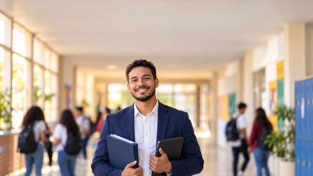 Gestor escolar sorrindo, com blazer azul sobre camisa branca, segurando uma pasta e um tablet, em o corredor de uma escola moderna com alunos desfocados