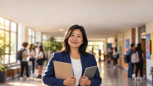 Gestora escolar sorrindo, com blazer azul sobre camisa branca, segurando uma pasta e um tablet, em o corredor de uma escola moderna com alunos desfocados