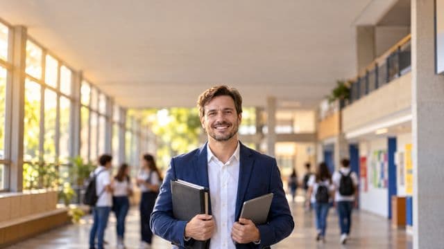 Gestor escolar sorrindo, com blazer azul sobre camisa branca, segurando uma pasta e um tablet, em o corredor de uma escola moderna com alunos desfocados