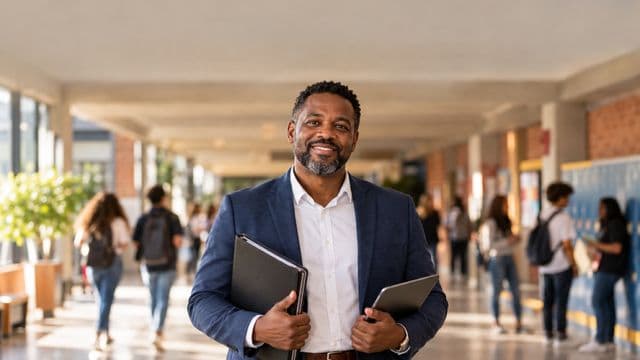 Gestor escolar sorrindo, com blazer azul sobre camisa branca, segurando uma pasta e um tablet, em o corredor de uma escola moderna com alunos desfocados