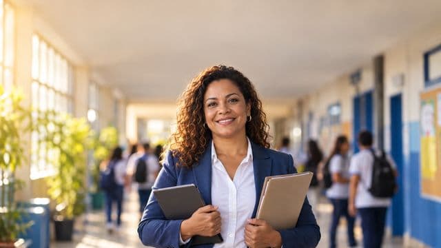 Gestora escolar sorrindo, com blazer azul sobre camisa branca, segurando uma pasta e um tablet, em o corredor de uma escola moderna com alunos desfocados