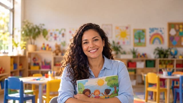 Professora de educação infantil sorrindo, com camisa casual azul-clara, segurando um livro infantil colorido sem título, em uma sala de aula infantil alegre, com mesinhas e desenhos nas paredes