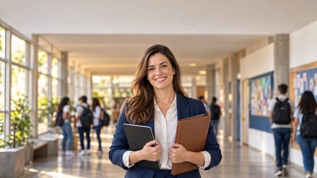 Gestora escolar sorrindo, com blazer azul sobre camisa branca, segurando uma pasta e um tablet, em o corredor de uma escola moderna com alunos desfocados