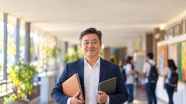 Gestor escolar sorrindo, com blazer azul sobre camisa branca, segurando uma pasta e um tablet, em o corredor de uma escola moderna com alunos desfocados