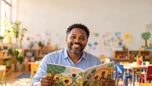 Professor de educação infantil sorrindo, com camisa casual azul-clara, segurando um livro infantil colorido sem título, em uma sala de aula infantil alegre, com mesinhas e desenhos nas paredes