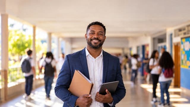 Gestor escolar sorrindo, com blazer azul sobre camisa branca, segurando uma pasta e um tablet, em o corredor de uma escola moderna com alunos desfocados