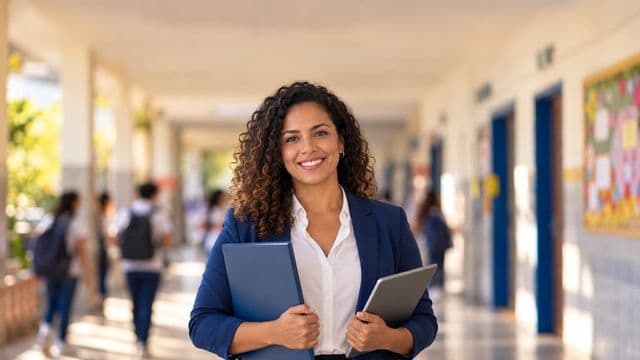 Gestora escolar sorrindo, com blazer azul sobre camisa branca, segurando uma pasta e um tablet, em o corredor de uma escola moderna com alunos desfocados