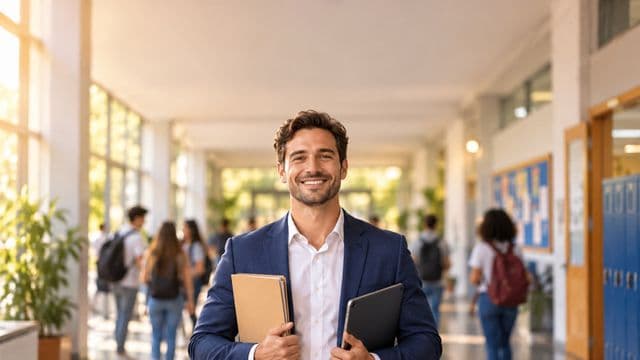 Gestor escolar sorrindo, com blazer azul sobre camisa branca, segurando uma pasta e um tablet, em o corredor de uma escola moderna com alunos desfocados