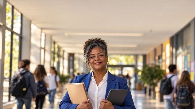 Gestora escolar sorrindo, com blazer azul sobre camisa branca, segurando uma pasta e um tablet, em o corredor de uma escola moderna com alunos desfocados