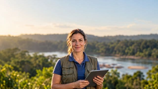 Gestora ambiental sorrindo, com camisa polo azul e colete de campo, segurando um tablet, em uma área de preservação com mata e um rio