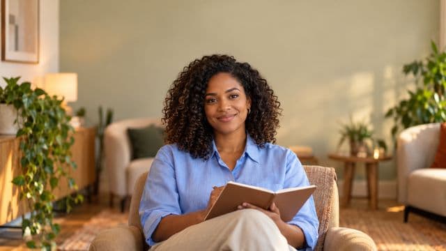 Psicóloga sorrindo, com camisa social azul, sem gravata, segurando um caderno de anotações, em um consultório de psicologia aconchegante com poltronas e plantas