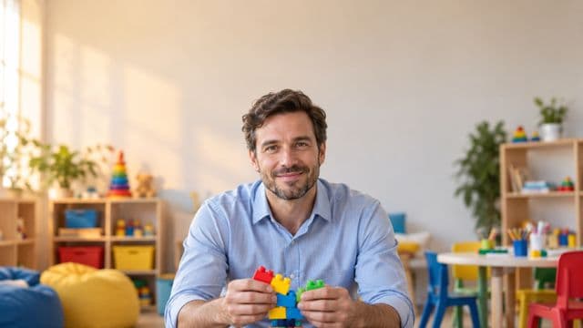 Psicopedagogo sorrindo, com camisa azul-clara, segurando blocos de montar coloridos, em uma sala de atendimento infantil colorida e organizada, com brinquedos pedagógicos