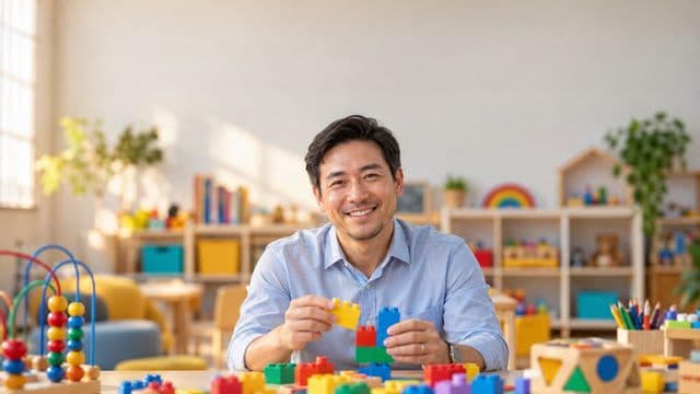 Psicopedagogo sorrindo, com camisa azul-clara, segurando blocos de montar coloridos, em uma sala de atendimento infantil colorida e organizada, com brinquedos pedagógicos