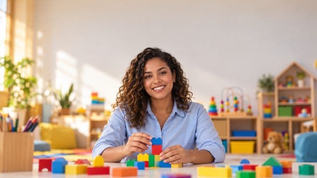Psicopedagoga sorrindo, com camisa azul-clara, segurando blocos de montar coloridos, em uma sala de atendimento infantil colorida e organizada, com brinquedos pedagógicos